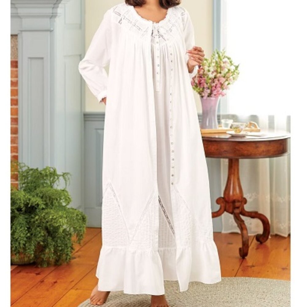 Eileen West Moonlight Sonata Long Cotton Nightgown and Robe S White Lace Ribbon